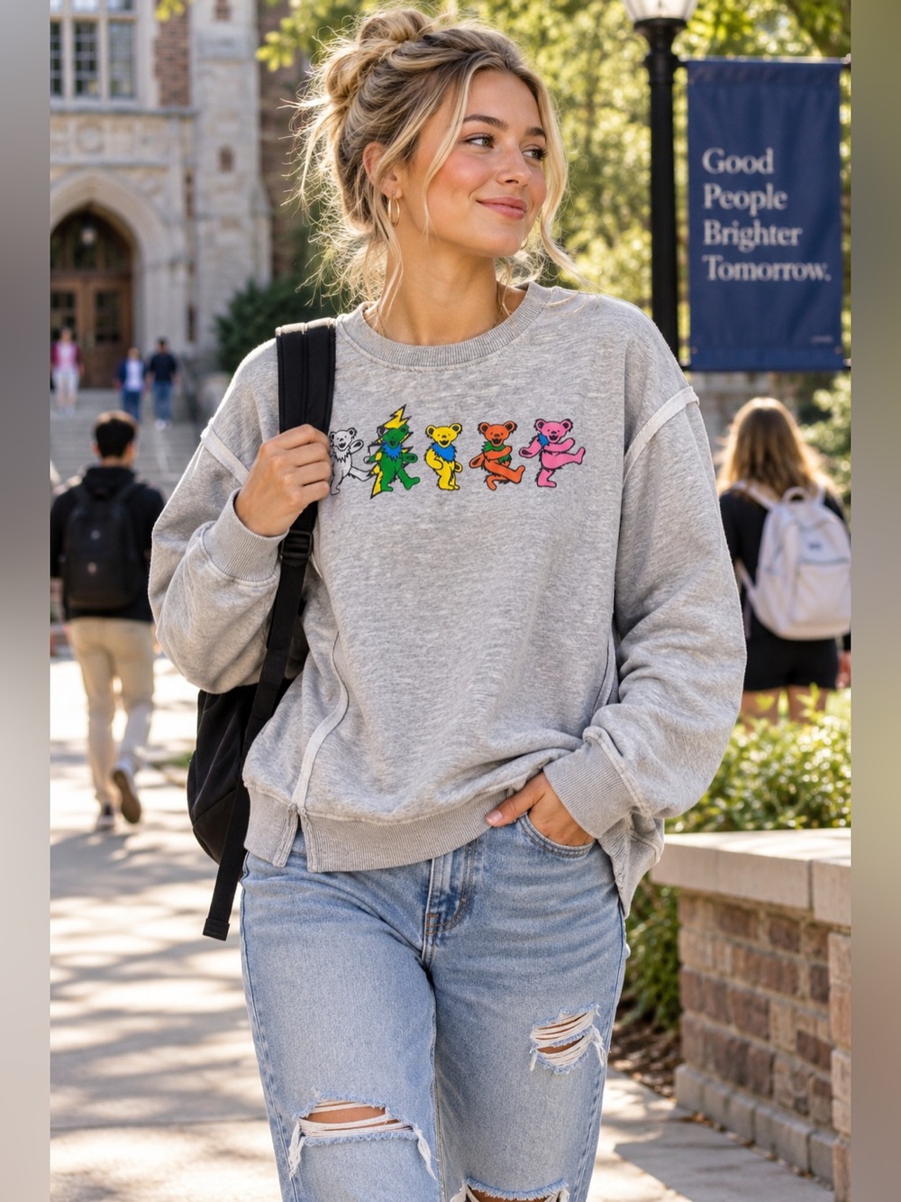 Grateful Dead Iconic Dancing Bears Sweatshirt Gray Time & Tru Licensed Graphics